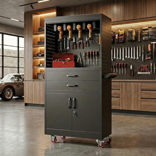 Mobile Tool Cart, Tool Chest with Locking Wheels, Charging Station | Large Storage - Heavy Duty Rolling Workbench for Garage, Workshop