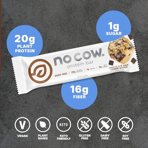 No Cow Peanut Butter Chocolate Chip Vegan Protein Bars, 12 Pack | 20g High Plant-Based Protein, High Fiber, Low Sugar, Gluten-Free, Dairy-Free, Soy-Free, Keto-Friendly Snack Bars