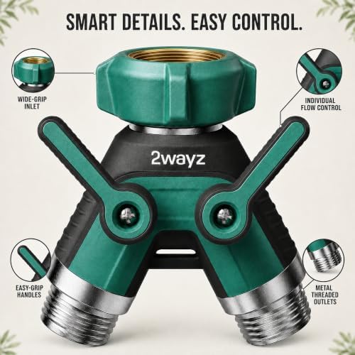 Hose Splitter 2 Way Heavy Duty Outdoor Faucet and Garden Connector - Water Spigot Splitter - Durable All-Metal Y Adapter with Shut-Off Valve - 4 x 4 x 1.5 Inches