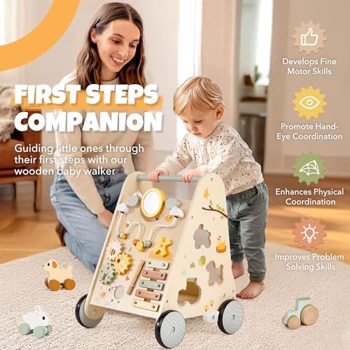 Pithfor Wooden Baby Push Walker, Baby Walker with Activity Center for Girls Boys