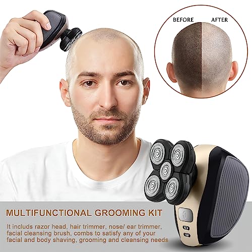 Bald Shavers for Men - Telfun Upgrade 5-in-1 Electric Head Shavers for Bald Men, 100% Waterproof Cordless Razor, Wet/Dry Shaving, 5 Dual Track Heads