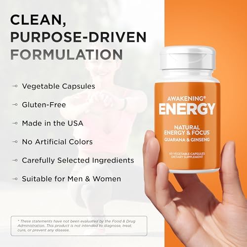 Awakening Natural Energy & Focus Supplement with Panax Ginseng, Guarana Extract & Chromium Picolinate | Brain Supplement for Focus, Energy