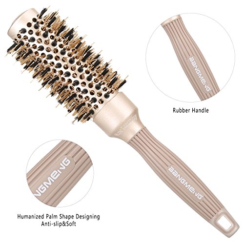 BANGMENG Round Brush with Boar Bristles, 1 inch Barrel, Nano Thermal Ceramic Ionic Tech for Straightening and Blow Drying, Gold