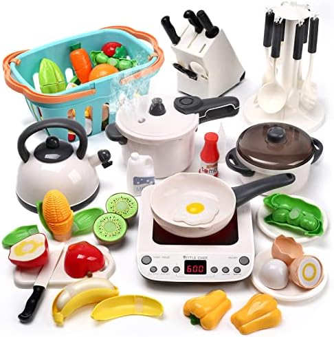 CUTE STONE Pretend Play Kitchen Toy with Cookware Steam Pressure Pot and Electronic Induction Cooktop, Cooking Utensils, Toy Cutlery, Cut Play Food