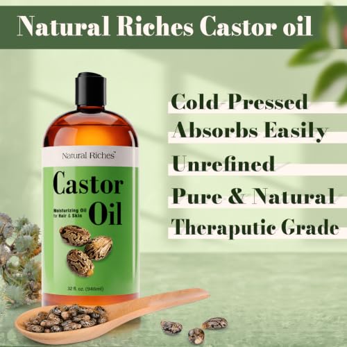 Natural Riches Castor Oil Cold pressed for Dry Skin Hair Loss Dandruff Thicker Hair - Moisturizes heals Scalp Skin Hair growth Thicker Eyelashes & Eyebrows