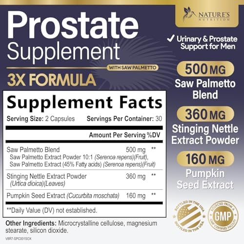 Prostate Health Supplements for Men - 3X Strength with Saw Palmetto Blend Stinging Nettle Root & Pumpkin Seed Support Complex - Supports Bathroom Trips Prostate & Urinary Health - 60 Capsules