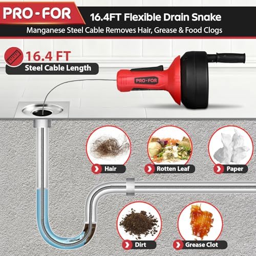 Drain Auger, 16.4FT Plumbing Snake Drain Clog Remover, Manual & Drill Powered Drain Snake for 0.75–2 Inch Pipes, Sink, Shower, Bathtub, Toilet