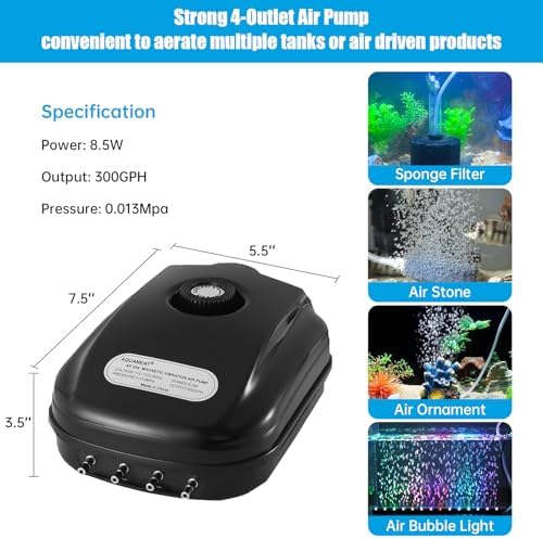 AQUANEAT Aquarium Air Pump 300GPH, for up to 200 Gallon Fish Tank, Powerful Hydroponic Aerator Pump, Adjustable Oxygen Bubbler