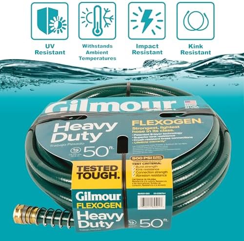 Gilmour 864751-1001 75ft Heavy Duty Flexogen Garden Hose, 5/8" Diameter | Heavy Duty Build, 500 PSI, Kink-Resistant Layers, Brass Fittings, All-Weather Durability, Made in USA