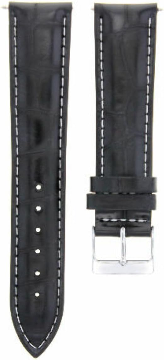 Ewatchparts 19mm Black With White Stitching Leather Watch Band Replacement Watch Strap Silver Buckle Compatible With Invicta Russian