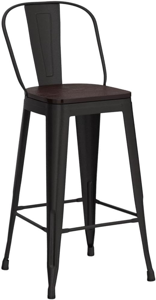 Alunaune 24" Swivel Metal Bar Stools Set of 4 High Back Counter Height Barstools Industrial Dining Bar Chairs with Large Wooden Seat-Matte Black