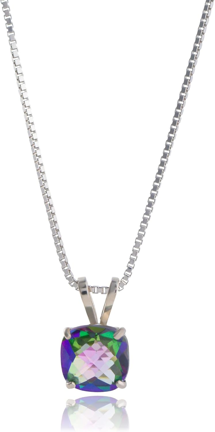 MAX + STONE 925 Sterling Silver Cushion Cut Birthstone Necklace for Women | 6mm Hypoallergenic Solitaire Necklace | Gemstone Pendant Necklaces with 18 inch Box Chain