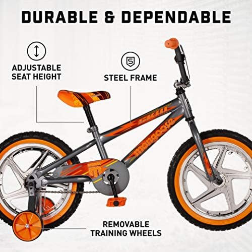 Mongoose Skid Bike, 16 Inch Bike for Kids Ages 3-7, BMX Style, Adjustable Seat Grows with Your Child, Mag Wheels, Training Wheels, Rear Coaster Brake