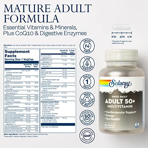 SOLARAY Once Daily Adult 50 Plus Complete Multivitamin, 90 VegCaps | Energy, Heart, Brain & Immune Support - Minerals, CoQ10