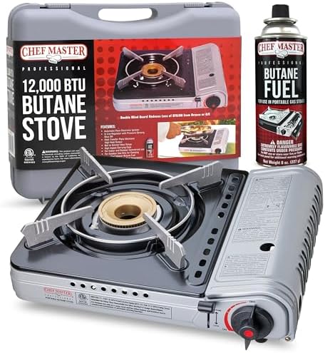Chef Master 12,000 BTU Portable Butane Stove - Gas Burner for Camping & Outdoor Cooking - Countertop Cooktop with Carry Case, Wind Guard & Electronic Ignition - Portable Cooker & Burner Stove – 90235
