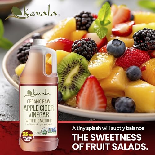 Kevala Organic Raw Apple Cider Vinegar - 35 oz, Cooking, Baking, Hair Care | Gluten Free and Peanuts Free, Ingredient for Vinaigrettes, Dressings, and Detox Shots, Contains the Natural Mother of Vinegar
