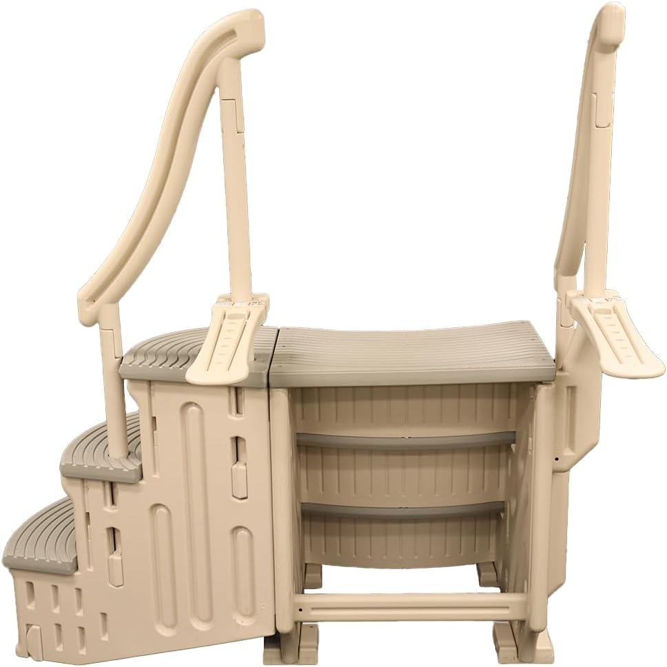 Confer Plastics Curved Drop-in Inground Pool Step 3 Tread Stair Entry System w/ 2 Handrails & Adjustable Mounting Brackets - Base Step, Grey Treads