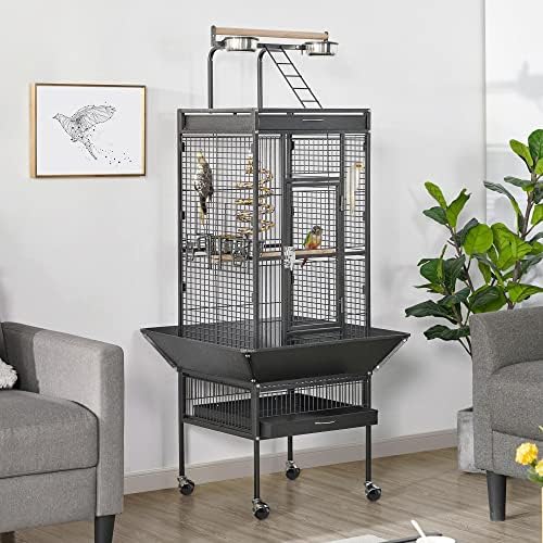 Yaheetech Wrought Iron Bird Cages, Play Top Large Aviary with Stand for Cockatiel Parrot Sun Parakeet Conures Lovebird Budgie Finch African Grey White, 61-inch