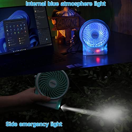 efluky 4.9-Inch Mini Desk Fan - 3 Speeds, Rechargeable Battery/USB Powered with LED Light, Quiet Portable Fan for Home, Office, Travel, Camping (Black)