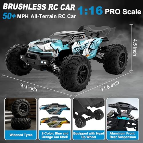 1:16 Scale Brushless RC Car - 50+ MPH High Speed All Terrain Off-Road Monster Truck for Adults & Teens 14+ | 2.4GHz, 2X LiPo Batteries