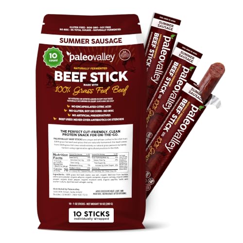 Paleovalley 100% Grass Fed Beef Sticks, Protein Snacks, Original | 10 Count, Individually Wrapped, Naturally Fermented, Gluten Free, Keto and Paleo, Made With Simple Ingredients, 6g Protein