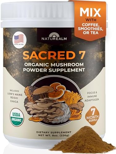 Sacred 7 Brain Mushroom Powder, Organic 7-in-1 Blend 226 Servings | Seven fruiting body extracts, lions mane cordyceps reishi, stirs into coffee or smoothies, 1000 mg scoop