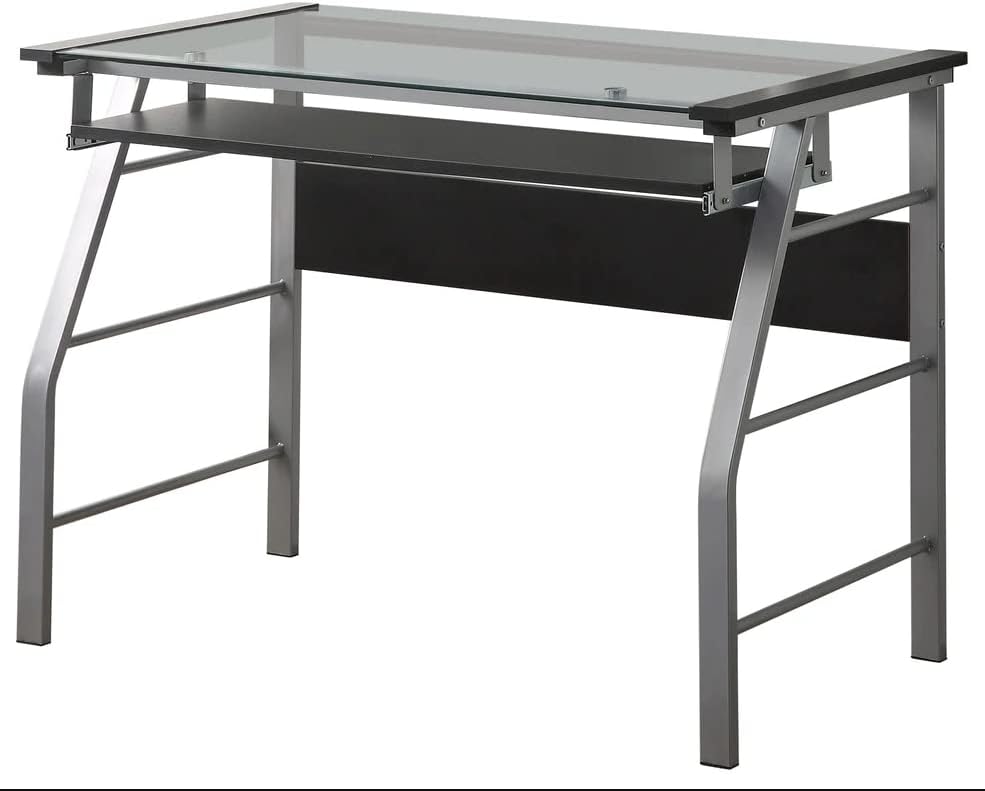 King's Brand Metal and Glass Top Home Office Computer Desk/Table, Silver Finish
