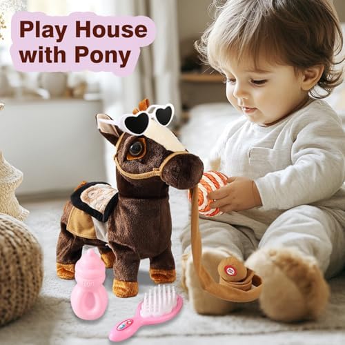 Marsjoy Walking Pony Toy Musical Singing Dancing Plush Interactive Pony Walk Along Horse with Leash Plush Stuffed Animal Shaking Head Buttocks Toy