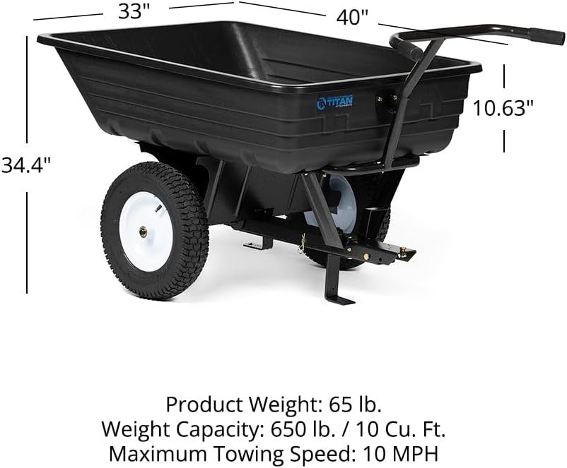 Titan Attachments 650 LB (10 Cu. Ft.) Economy Tow-Behind Poly Dump Cart for Lawn
