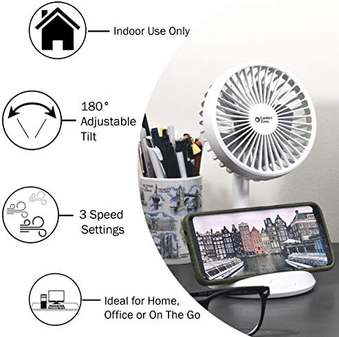 Comfort Zone Rechargeable Fan with Wireless Charger, 4 inch, USB Chargeable Lithium Battery, Adjustable Tilt, Powerful & Portable, Cooling & Charging