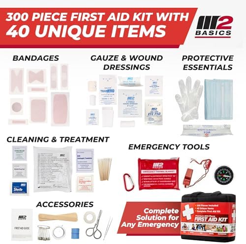 M2 BASICS 300 Piece Premium First Aid Kit w/Durable Bag for Home, Business | Office, Workplace, Car, Garage, Kitchen, Family, Classroom, Jobsite