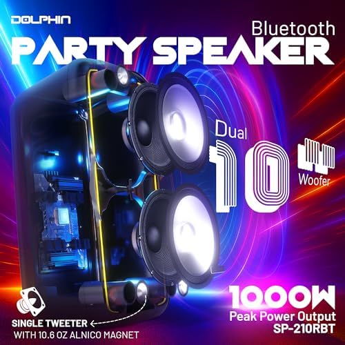 Dolphin Bluetooth Party Speaker with 2 Wireless Mics, Dual 10" Woofers | 1000W Output, SD/FM/USB/AUX/RCA, Guitar & Mic Inputs, Multicolor LED Lights