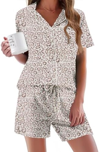 Ekouaer Pajamas Set for Women Short Sleeve Sleepwear Button Down Pj XS-XXXL | Summer 2 Piece Lounge Set, Soft Fabric, Drawstring Waistband, for Bridesmaid Bride Party, Plus Size, Petite, Cute Pattern