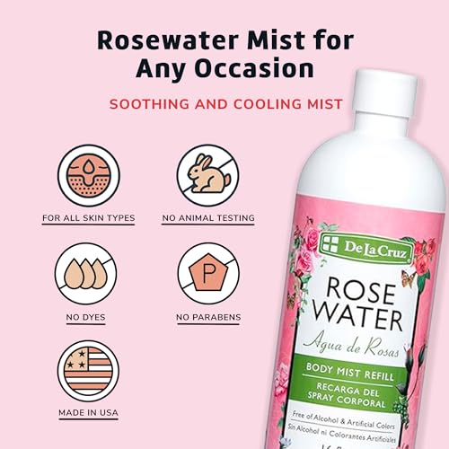 De La Cruz Rose Water Body & Hair Mist, 8 fl. oz Spray (236 mL) | Rose Water Spray, With Rose Flower Extract, Face, Hair & Body Mist, Home Mist, Alcohol Free, Refreshing & Soothing
