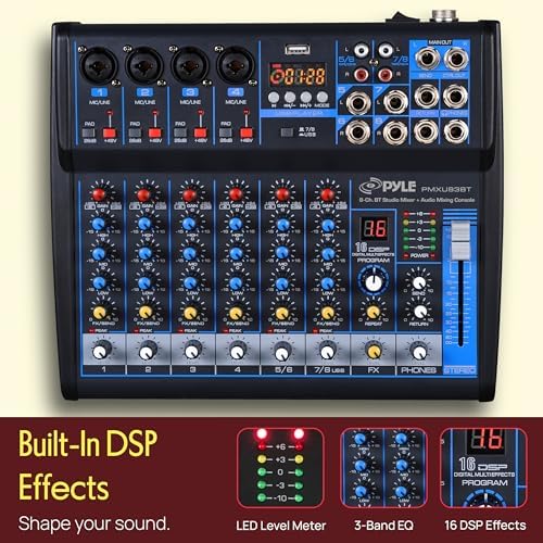 Pyle 8 Channel DJ Audio Mixer, Bluetooth, DSP FX, USB, Audio Interface | +48V Phantom Power, 16Bit DSP Processor, USB-A MP3 Player