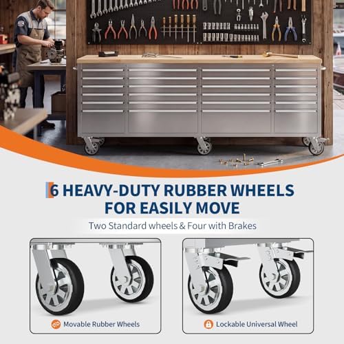 72" Heavy-Duty Rolling Tool Chest & Workbench with 15 Drawers, Steel Rubber Wood Top on Wheels, Key Locking System, Drawer Liners for Garage Warehouse Repair Shop, Black Storage Cabinet.