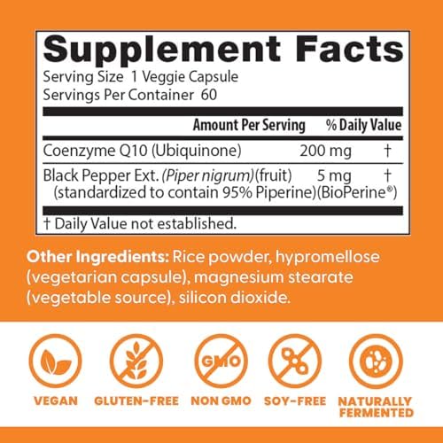 Doctor's Best High Absorption CoQ10 200mg with BioPerine Supplement - Coenzyme Q10 Caps for Heart Health & Antioxidant Support, CoQ10 200 mg for Women & Men, Non GMO - 60 Veg Capsules