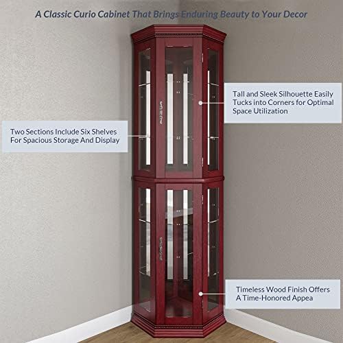 BELLEZE Lighted Wooden Corner Display Curio Cabinet, Two Section Shelving Unit with Tempered Glass Door