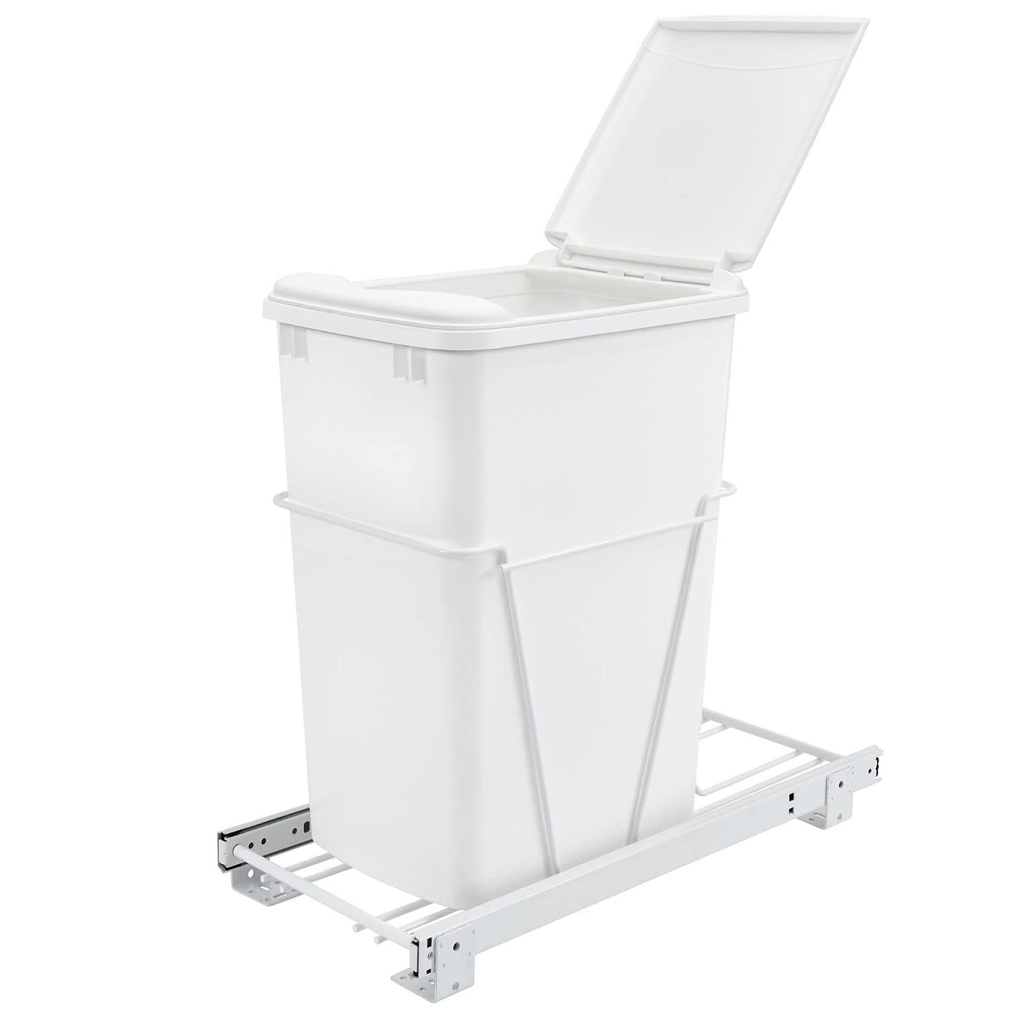 Rev-A-Shelf Single 35 Qt Pullout Trash Can for Base Kitchen Cabinets | Garbage Waste Bin System with 3/4 Extension Slides, Min Opening Width of 11, White, RV-12PB