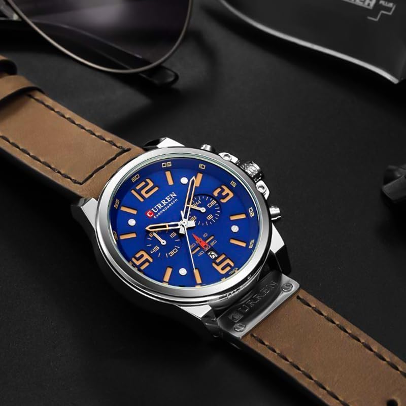 FANMIS Mens Classic Analog Quartz Chronograph Sandwich Dial Leather Watch