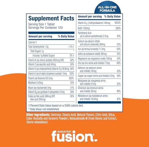 Bariatric Fusion Orange Cream Flavored Complete Chewable Bariatric Multivitamin with Iron for Bariatric Surgery Patients Including Gastric Bypass and Sleeve Gastrectomy - 120 Tablets