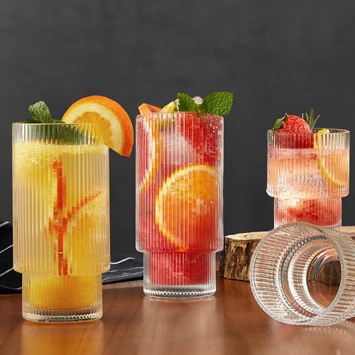 Qipecedm® 6 Pack Ribbed Drinking Glasses, 16 oz Vintage Glass Cups, Highball Glasses, Premium Iced Coffee Glasses, Clear Glass Tumbler