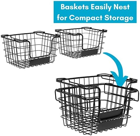 BirdRock Home Stacking Wire Market Baskets with Chalk Label | Set of 2 | Fruit Vegetable Produce Metal Storage Bin for Kitchen Counter | Black