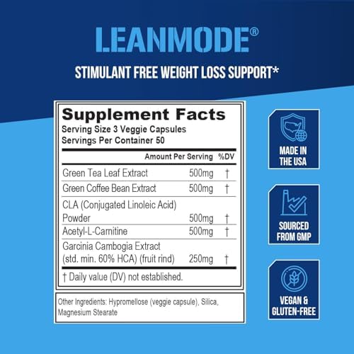 EVL LeanMode Weight Loss Support Capsules - For Men & Women - 50 Servings | Features Green Coffee Bean Extract, CLA and Garcinia Cambogia to support metabolism and appetite control