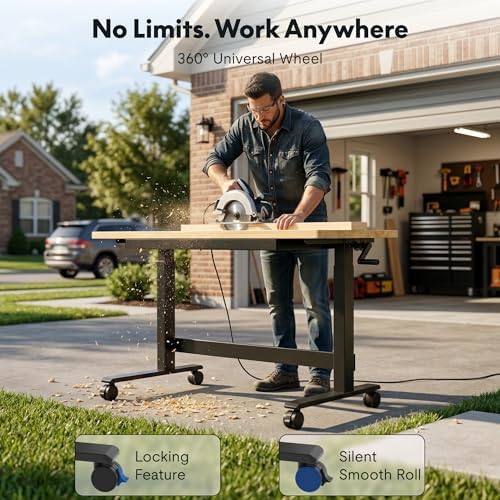 FLEXISPOT Adjustable Height Workbench 47.2" x 23.6" Garage Work Table with Hand Crank