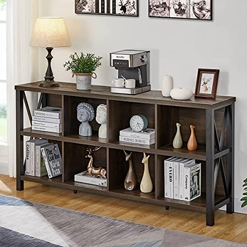 FATORRI 8 Cube Storage Organizer Bookshelf, 62 Inch Wood Horizontal Bookcase, Farmhouse Cube Long Book Shelf