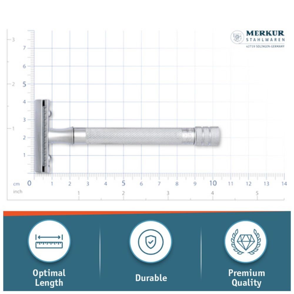 MERKUR 23C Double Edge Safety Razor - Polished Chrome, Long Knurled Brass Handle, Made in Germany, Plastic-Free, Three Piece Design, Closed Comb, Straight Bar