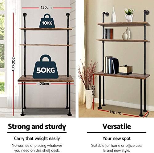 Industrial Pipe Desk with 3 Tier Shelves, Rustic Solid Wood Writing Workstation, Sturdy Metal Frame for Home Office Study Living Room Decor(40" L)