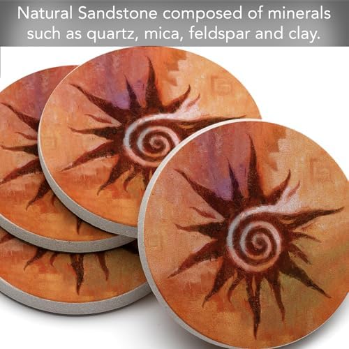 Thirstystone Spiral Sun Natural Sandstone Coaster 4 Pack Eco-Friendly, Absorbent, Easily Wipes Clean | 4” Diameter, Manufactured in the USA