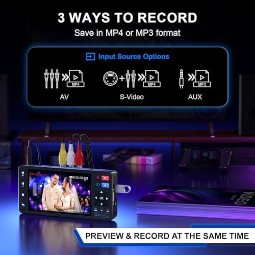 Portta VD20P VHS to Digital Converter with 5" HD Screen, Video Capture Recorder Convert to MP4 Compatible with VHS, VCR, DVR, DVD, Hi8, Mini DV